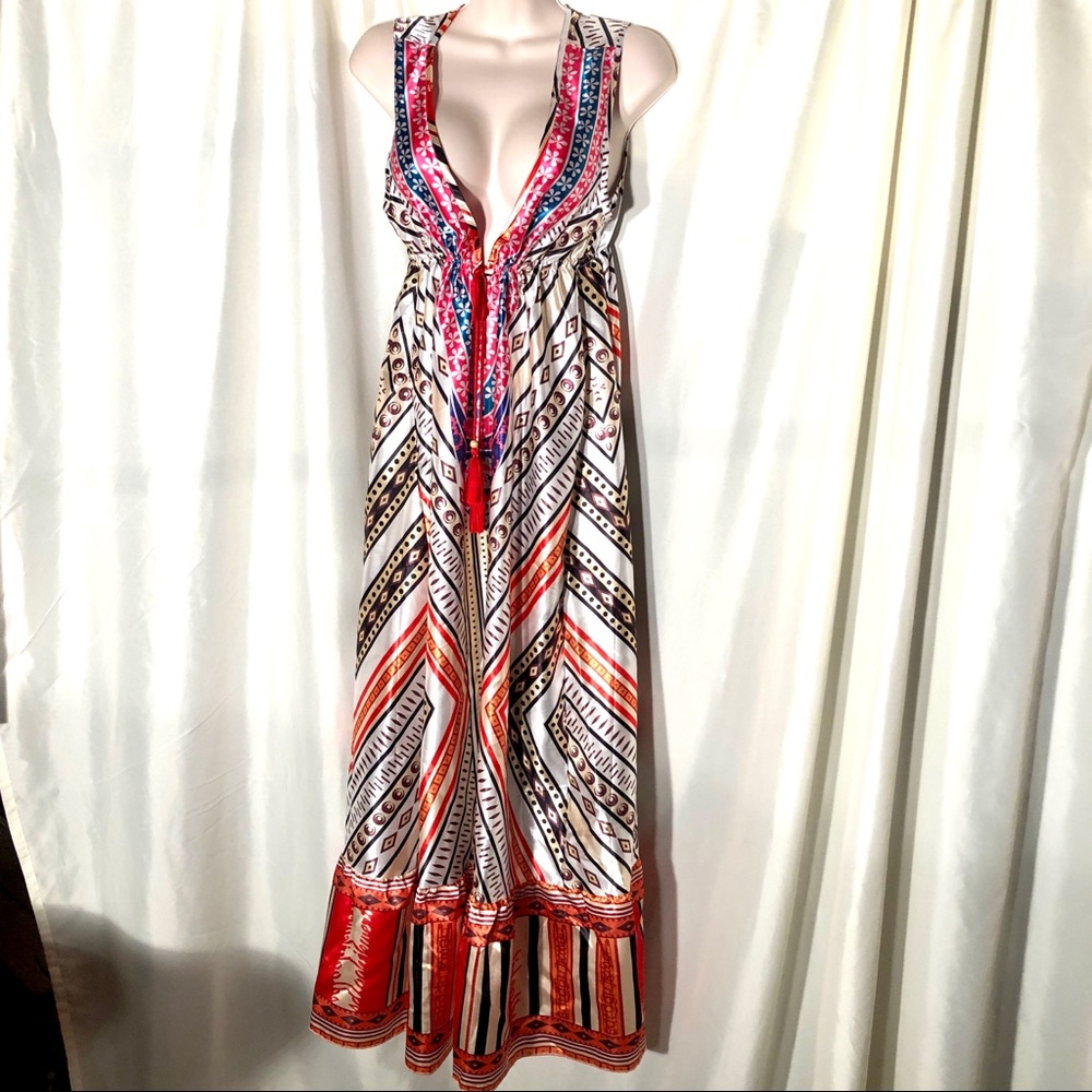 Summer Satin pool party! 14” plunging neckline, w/ red tassel drawstring.  XL